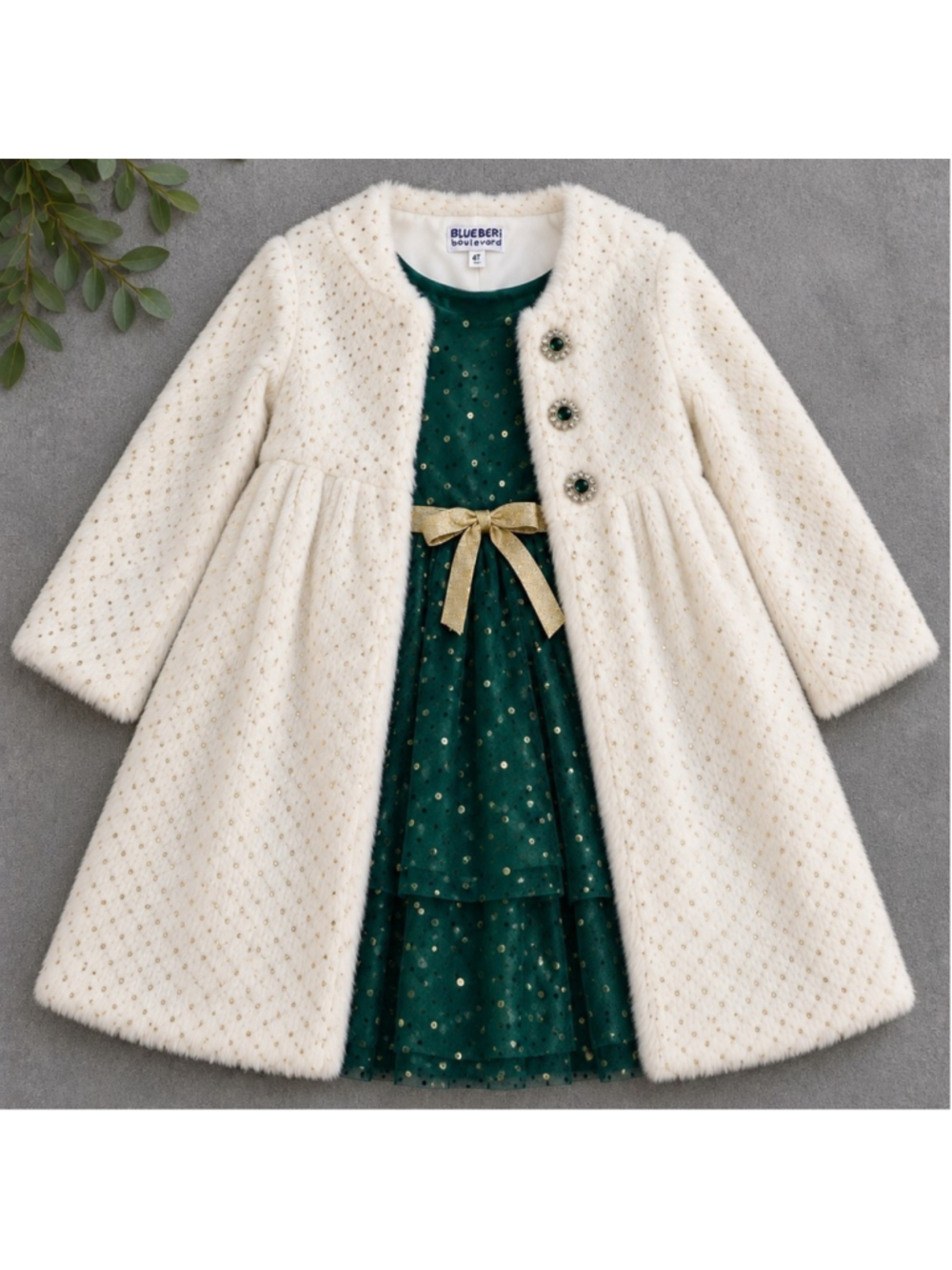 Blueberi Boulevard 4T Green Gold Holiday Dress Cream Faux Fur Coat Set